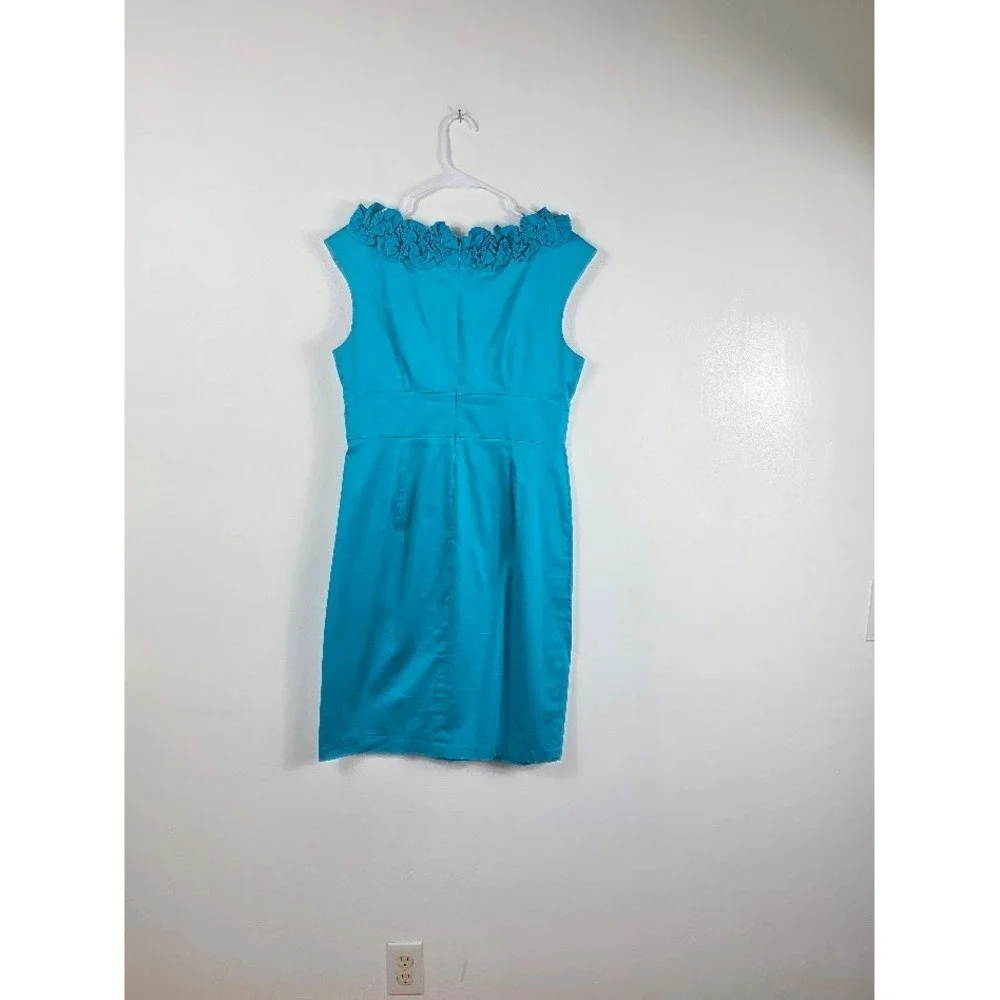 London Times Sheath‎ Dress Womens 12 Blue Ruffle Neck Sleeveless Cocktail Party